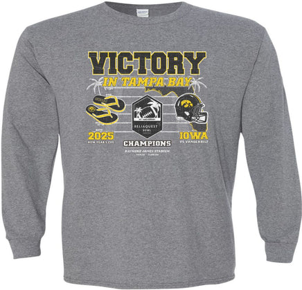 Victory in Tampa Bay! Our Iowa Hawkeye football team swarmed to victory to beat Vanderbilt in the 2025 Reliaquest Bowl!

This Reliaquest Bowl Championship design will be printed on a pre-shrunk, 50/50 cotton/poly medium gray long sleeve t-shirt with white, black and gold ink. All of our Iowa Hawkeye designs are Officially Licensed and approved by the University of Iowa.
