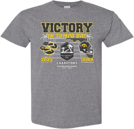 Victory in Tampa Bay! Our Iowa Hawkeye football team swarmed to victory to beat Vanderbilt in the 2025 Reliaquest Bowl!

This Reliaquest Bowl Championship design will be printed on a pre-shrunk, 50/50 cotton/poly medium gray youth t-shirt with white, black and gold ink. All of our Iowa Hawkeye designs are Officially Licensed and approved by the University of Iowa.
