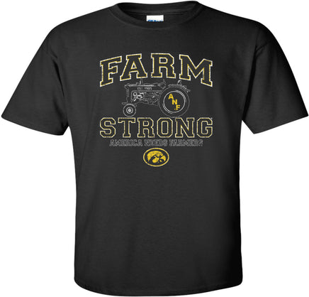 A black short-sleeve t-shirt with a 'FARM STRONG' design on the front featuring a tractor, America Needs Farmers' text, and the Iowa Hawkeyes Tigerhawk logo.