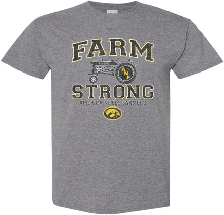 A medium gray short-sleeve t-shirt with a distressed black, white and gold design on the front that reads 'FARM STRONG' and 'AMERICA NEEDS FARMERS' with an old tractor and the Iowa Hawkeyes Tigerhawk logo.