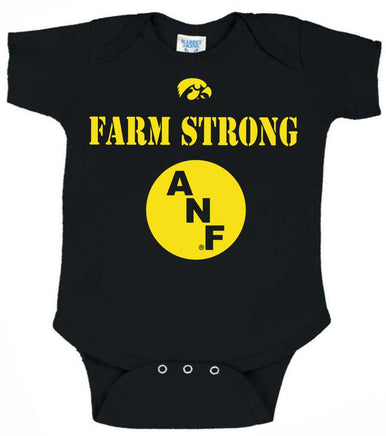 ANF Farm Strong - Black Onesie. Officially Licensed and approved by the University of Iowa.