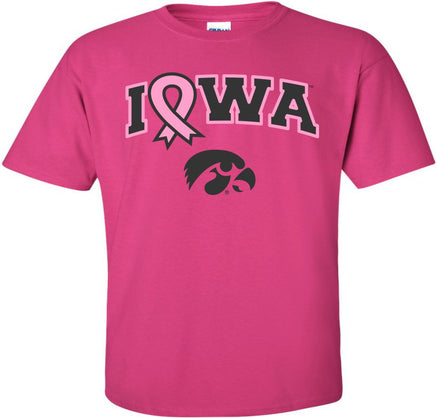 Pink Ribbon Iowa - Hot Pink t-shirt for the Iowa Hawkeyes. Officially Licensed and approved by the University of Iowa.