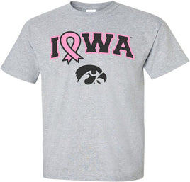 Show your support for Breast Cancer Awareness with this Iowa Hawkeye Pink Ribbon design. Printed on pre-shrunk, 90/10 cotton/poly light gray t-shirt with pink and black ink. All of our Iowa Hawkeye designs are Officially Licensed and approved by the University of Iowa.