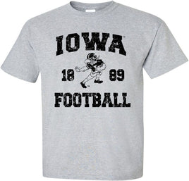 This Iowa football design features the Old School Football Herky running for a touchdown! Printed on a pre-shrunk, 90/10 cotton/poly light gray t-shirt with black ink. All of our Iowa Hawkeye designs are Officially Licensed and approved by the University of Iowa.