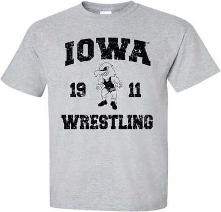 Show your support of the University of Iowa Wrestling program with this Old School Iowa Wrestling t-shirt. The perfect shirt to wear at Carver for the next Iowa Hawkeye Wrestling meet! Printed on a pre-shrunk, 90/10 cotton/poly light gray t-shirt with black ink. All of our Iowa Hawkeye designs are Officially Licensed and approved by the University of Iowa.
