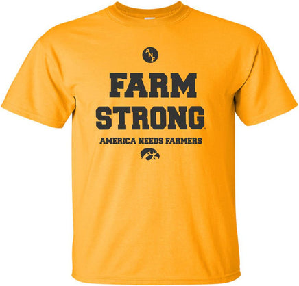 Farm Strong - America Needs Farmers - Gold t-shirt for the Iowa Hawkeyes. Officially Licensed and approved by the University of Iowa.