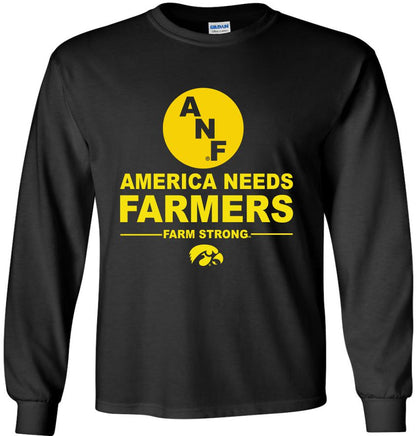 America Needs Farmers with ANF logo - Black Long Sleeve shirt. Officially Licensed and approved by the University of Iowa.