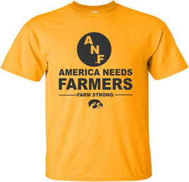 America Needs Farmers with big ANF logo - Gold t-shirt for the Iowa Hawkeyes. Officially Licensed and approved by the University of Iowa.