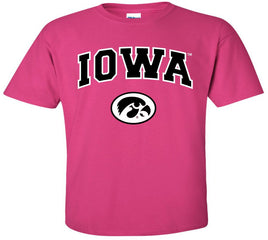Iowa with Tigerhawk - Heliconia Pink t-shirt. Officially Licensed and approved by the University of Iowa.