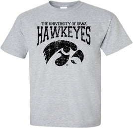 This design has the University of Iowa Hawkeyes above the Tigerhawk. Printed on a pre-shrunk, 90/10 cotton/poly light gray t-shirt with black ink. All of our Iowa Hawkeye designs are Officially Licensed and approved by the University of Iowa.