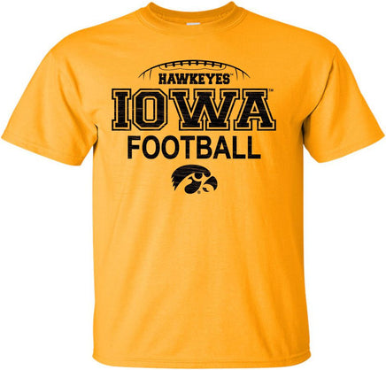 Laces Hawkeyes Iowa Football with Tigerhawk - Gold t-shirt. Officially Licensed and approved by the University of Iowa.
