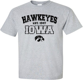 This design has an arched Hawkeyes with est 1847 and Iowa below. It also has the Tigerhawk. Printed on a pre-shrunk, 90/10 cotton/poly light gray t-shirt with black ink. All of our Iowa Hawkeye designs are Officially Licensed and approved by the University of Iowa.