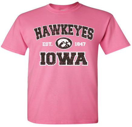 Hawkeyes Iowa - est 1847 with tigerhawk - Azalea Pink t-shirt for the Iowa Hawkeyes. Officially Licensed and approved by the University of Iowa.
