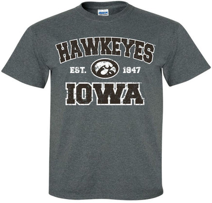 Hawkeyes Iowa - est 1847 with tigerhawk - Dark Grey t-shirt for the Iowa Hawkeyes. Officially Licensed and approved by the University of Iowa.