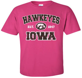 Hawkeyes Iowa - est 1847 with tigerhawk - Hot Pink t-shirt for the Iowa Hawkeyes. Officially Licensed and approved by the University of Iowa.