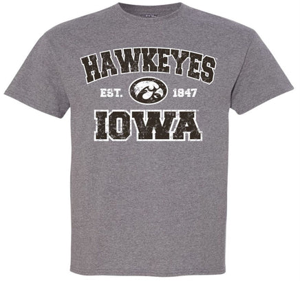Hawkeyes Iowa - est 1847 with tigerhawk - Medium Grey t-shirt for the Iowa Hawkeyes. Officially Licensed and approved by the University of Iowa.