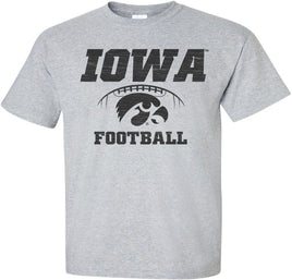 This Iowa Football design features the Tigerhawk under the laces of a football. Printed on a pre-shrunk, 90/10 cotton/poly light gray t-shirt with black ink. All of our Iowa Hawkeye designs are Officially Licensed and approved by the University of Iowa.