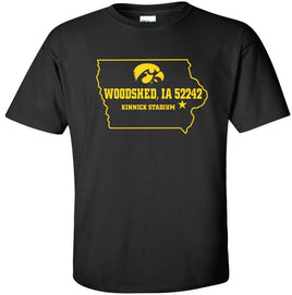 Woodshed Iowa 52242 - Iowa Hawkeyes Black t-shirt. Officially Licensed and approved by the University of Iowa.