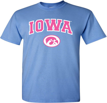 Pink Iowa with Oval Tigerhawk - Carolina Blue t-shirt for the Iowa Hawkeyes. Officially Licensed and approved by the University of Iowa.