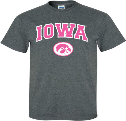 Pink Iowa with Oval Tigerhawk - Dark Gray t-shirt for the Iowa Hawkeyes. Officially Licensed and approved by the University of Iowa.