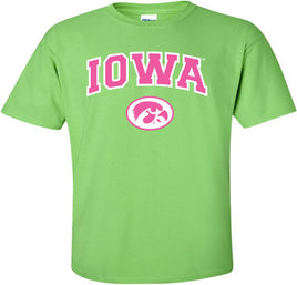 Pink Iowa with Oval Tigerhawk - Lime Green t-shirt for the Iowa Hawkeyes. Officially Licensed and approved by the University of Iowa.