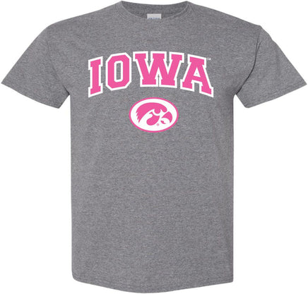 Pink Iowa with Oval Tigerhawk - Medium Gray t-shirt for the Iowa Hawkeyes. Officially Licensed and approved by the University of Iowa.