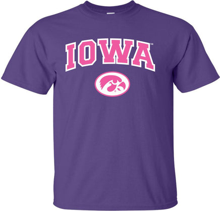 Pink Iowa with Oval Tigerhawk - Purple t-shirt for the Iowa Hawkeyes. Officially Licensed and approved by the University of Iowa.
