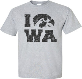 When Iowa scores at Kinnick, the cheerleaders wave the I O W A flags and the fans yell I O W A from the stands. This design represents the I O W A chant with the Tigerhawk replacing the O. Printed on a pre-shrunk, 90/10 cotton/poly light gray t-shirt with black ink. All of our Iowa Hawkeye designs are Officially Licensed and approved by the University of Iowa.