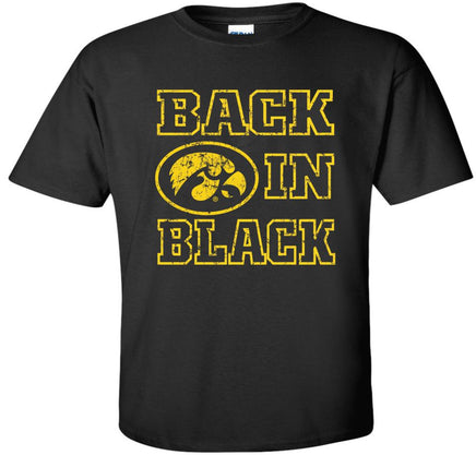 Back in Black outline - Black t-shirt for the Iowa Hawkeyes. Officially Licensed and approved by the University of Iowa.