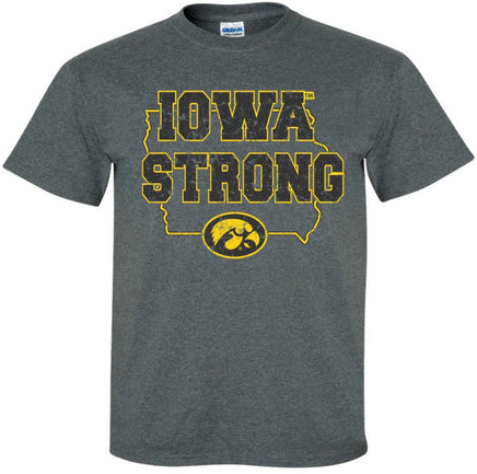 Iowa Strong in outline of state of Iowa - Dark Grey t-shirt for the Iowa Hawkeyes. Officially Licensed and approved by the University of Iowa.