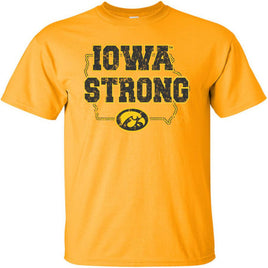 Iowa Strong in state of Iowa outline - Gold t-shirt for the Iowa Hawkeyes. Officially Licensed and approved by the University of Iowa.
