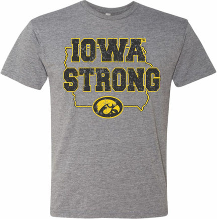 Iowa Strong in outline of state of Iowa - Medium Grey t-shirt for the Iowa Hawkeyes. Officially Licensed and approved by the University of Iowa.