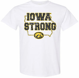 Iowa Strong in State of Iowa - White t-shirt. Officially Licensed and approved by the University of Iowa.