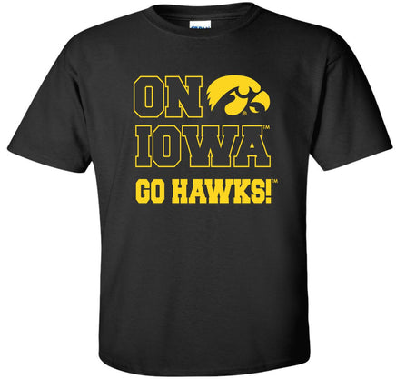 On Iowa Go Hawks - Black t-shirt. Officially Licensed and approved by the University of Iowa.