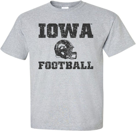 This design has Iowa Football with the Iowa Football helmet. Printed on a pre-shrunk, 90/10 cotton/poly light gray t-shirt with black ink. All of our Iowa Hawkeye designs are Officially Licensed and approved by the University of Iowa.