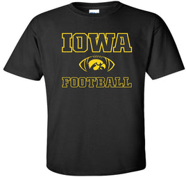 Iowa Football with Tigerhawk in Football - Black t-shirt. Officially Licensed and approved by the University of Iowa.