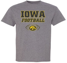 Iowa Football with oval Tigerhawk - Medium Gray t-shirt. Officially Licensed and approved by the University of Iowa.