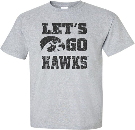 Let's Go Hawks! This design says it all with Let's Go Hawks and the Tigerhawk logo. Printed on a pre-shrunk, 90/10 cotton/poly light gray t-shirt with black ink. All of our Iowa Hawkeye designs are Officially Licensed and approved by the University of Iowa.