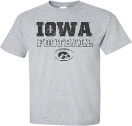 This design features Iowa Football with the Tigerhawk in a football. Printed on a pre-shrunk, 90/10 cotton/poly light gray t-shirt with black ink. All of our Iowa Hawkeye designs are Officially Licensed and approved by the University of Iowa.