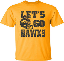 Let's Go Hawks with Helmet - Gold t-shirt for the Iowa Hawkeyes. Officially Licensed and approved by the University of Iowa.