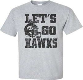 Cheer on the Hawks with this Let's Go Hawks design with the Iowa Hawkeye Football helmet. Printed on a pre-shrunk, 90/10 cotton/poly light gray t-shirt with black ink. All of our Iowa Hawkeye designs are Officially Licensed and approved by the University of Iowa.