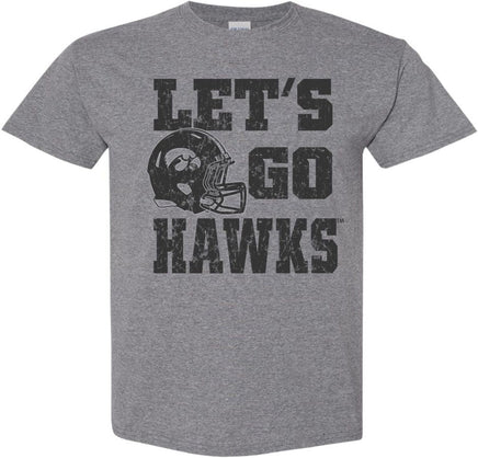 Let's Go Hawks with Helmet - Medium Gray t-shirt for the Iowa Hawkeyes. Officially Licensed and approved by the University of Iowa.