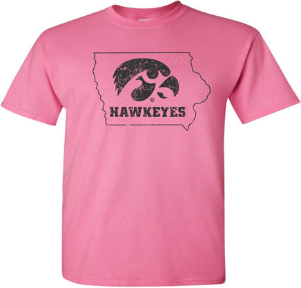 Tigerhawk Hawkeyes in State of Iowa - Azalea Pink t-shirt for the Iowa Hawkeyes. Officially Licensed and approved by the University of Iowa.