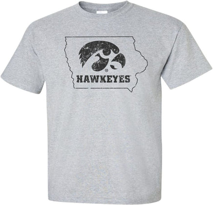 It's a Hawkeye State! Proudly show it off with this design that has the Tigerhawk and Hawkeyes inside the State of Iowa. Printed on a pre-shrunk, 90/10 cotton/poly light gray t-shirt with black ink. All of our Iowa Hawkeye designs are Officially Licensed and approved by the University of Iowa.