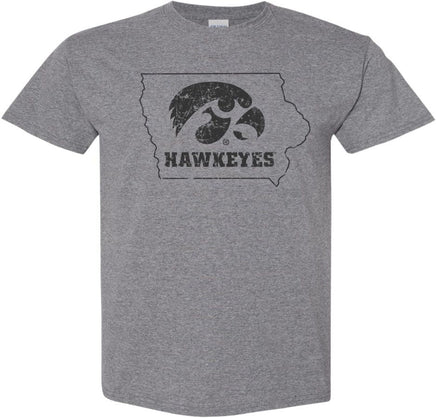 Tigerhawk Hawkeyes in State of Iowa - Medium Gray t-shirt for the Iowa Hawkeyes. Officially Licensed and approved by the University of Iowa.