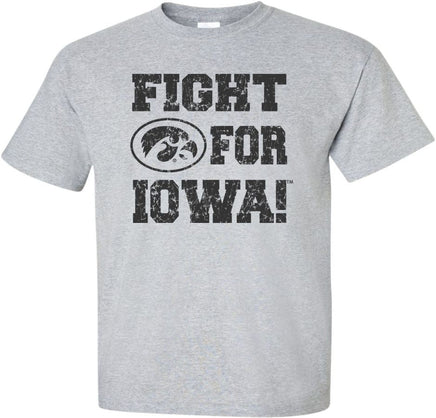 Cheer on the Hawkeyes and Fight For Iowa! This design has Fight for Iowa and the Iowa Football helmet. Printed on a pre-shrunk, 90/10 cotton/poly light gray t-shirt with black ink. All of our Iowa Hawkeye designs are Officially Licensed and approved by the University of Iowa.