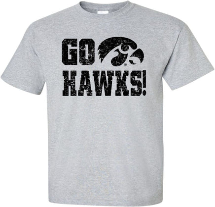 Go Hawks! This design has Go Hawks with the Tigerhawk. Printed on a pre-shrunk, 90/10 cotton/poly light gray t-shirt with black ink. All of our Iowa Hawkeye designs are Officially Licensed and approved by the University of Iowa.
