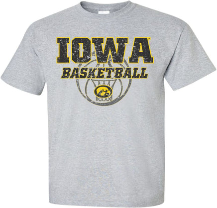 Carver Hawkeye Arena is the home of the Iowa Men and Women basketball teams. Cheer on the Iowa Basketball teams with this Iowa Basketball design. This design has Iowa Basketball and the oval Tigerhawk logo. The background of the design has a basketball hoop and basketball. Printed on a pre-shrunk, 90/10 cotton/poly light gray t-shirt with black and gold ink. All of our Iowa Hawkeye designs are Officially Licensed and approved by the University of Iowa.