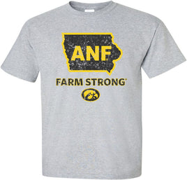 Show your support for our Iowa Farmers with this design that has the ANF logo in the State of Iowa. It also has Farm Strong and the oval Tigerhawk logo. Printed on a pre-shrunk, 90/10 cotton/poly light gray t-shirt with black and gold ink. All of our Iowa Hawkeye designs are Officially Licensed and approved by the University of Iowa.