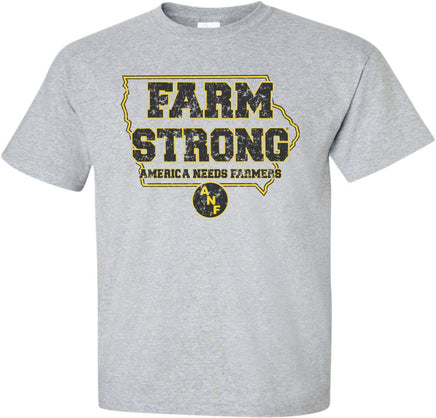 We are Iowa Farm Strong! This America Needs Farmers design has Farm Strong in the State of Iowa and a small circle ANF logo. Printed on a pre-shrunk, 90/10 cotton/poly light gray t-shirt with black and gold ink. All of our Iowa Hawkeye designs are Officially Licensed and approved by the University of Iowa.